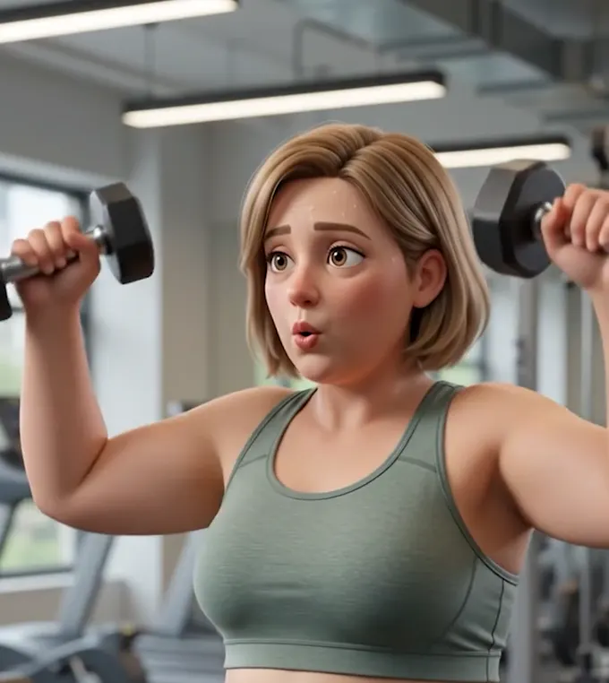 A woman in workout clothes resting between sets, tired