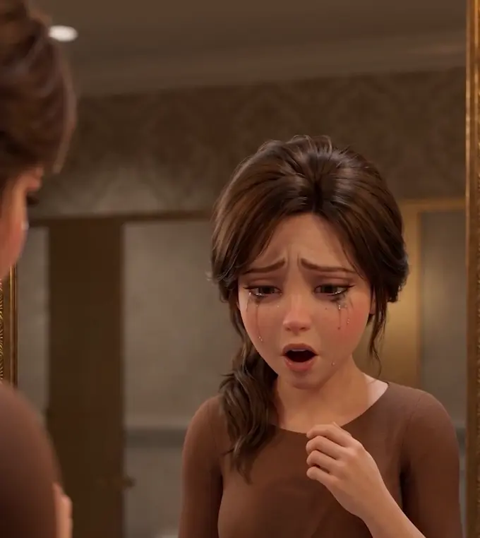 A woman standing at a bathroom mirror, upset