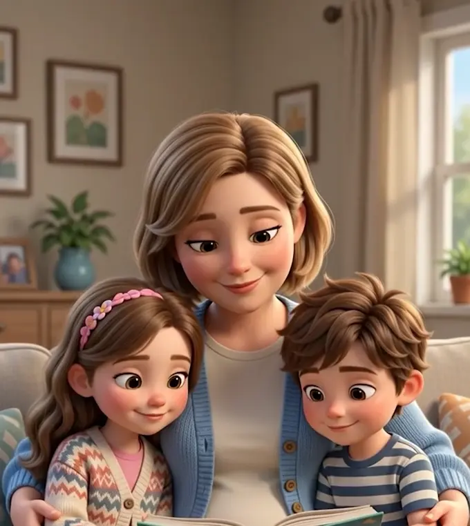 A mother sitting on a couch reading with her two children
