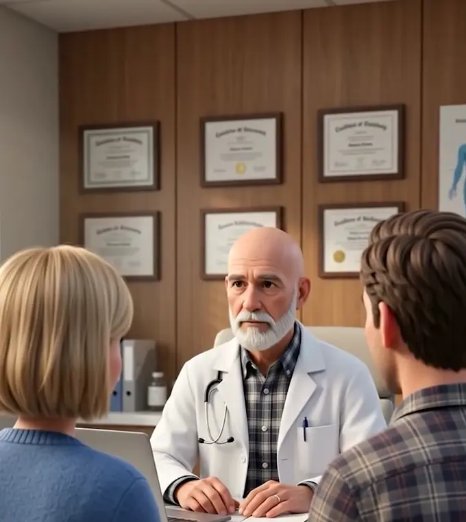 A couple sitting across from a doctor in an office