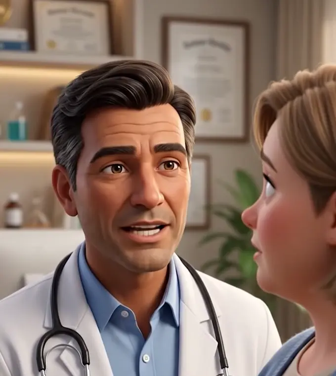 A doctor speaking with a woman in a consultation room